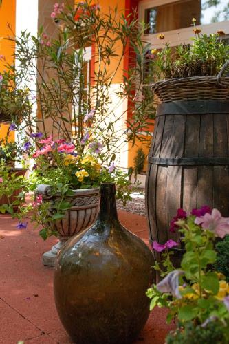 two large vases with flowers in front of a building at Hotel-Restaurant Weinberg in Artern