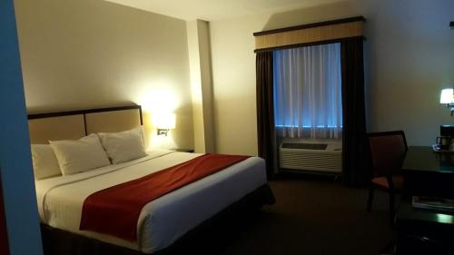 Hotel La Mina Parral في هيدالجو ديل بارال: غرفه فندقيه بسرير ونافذه