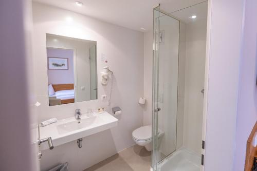 a bathroom with a toilet and a sink and a shower at Landhotel Atzmüller in Waxenberg