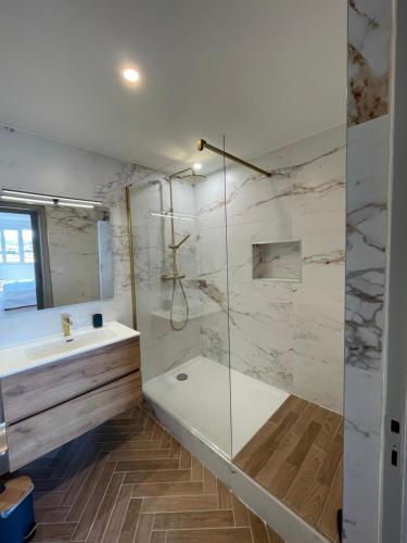 y baño con bañera, lavamanos y ducha. en Appartement cosy avec vue imprenable sur la cité, en Carcassonne