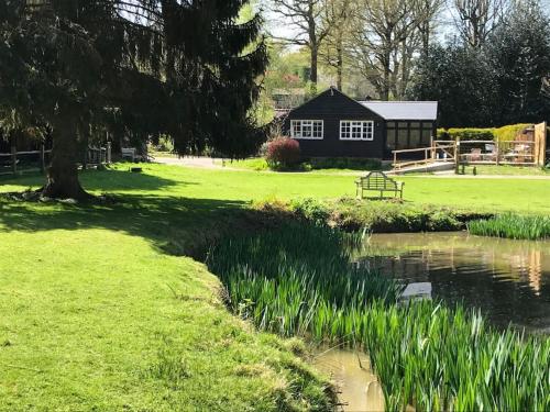 a house in a field with a pond in front at Halfmoon Lodge @ Knights Hole wheelchair access in Cranbrook