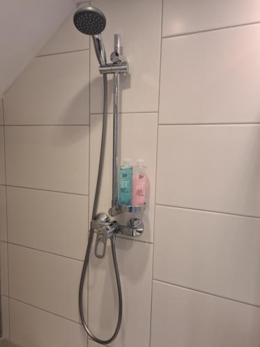 a shower with a shower head on a wall at Maisonnette Slijkplaat 18 in Hoofdplaat