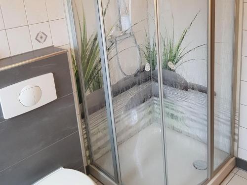 een douchecabine met een toilet in de badkamer bij Haus Tjalk Ferienhaus Tjalk rechts in Norddeich