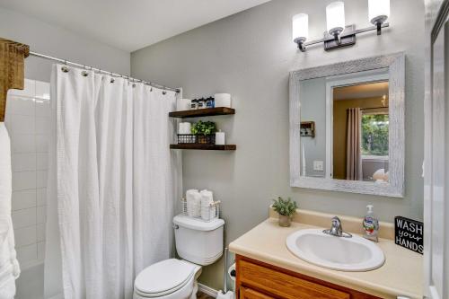 a bathroom with a toilet and a sink and a mirror at Anchorage Retreat Less Than 5 Mi to Hilltop Ski Area! in Anchorage