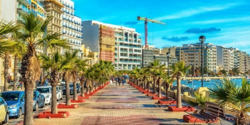 a sidewalk lined with palm trees in a city at Ana Seafront Haven Apartment in Il-Gżira