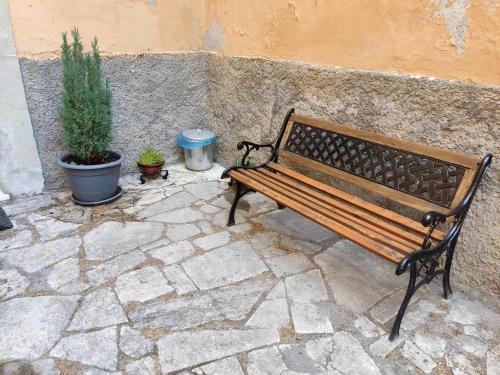 drewniana ławka siedząca obok ściany z doniczką w obiekcie Il Giardino delle Camelie w mieście Viterbo