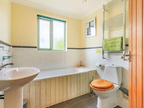 a bathroom with a toilet and a sink and a tub at Primrose Lodge in Holsworthy
