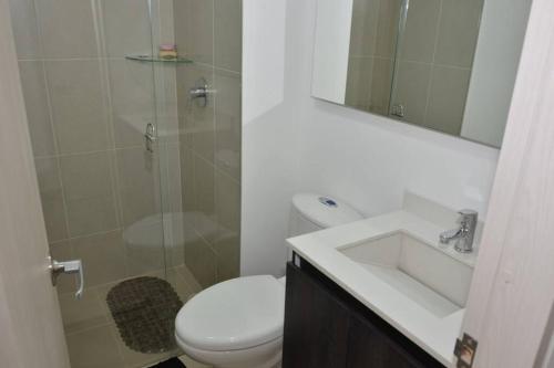 Un baño con inodoro, lavabo y ducha. en Hermoso apartamento en Paipa con vista al lago Sochagota., en Paipa