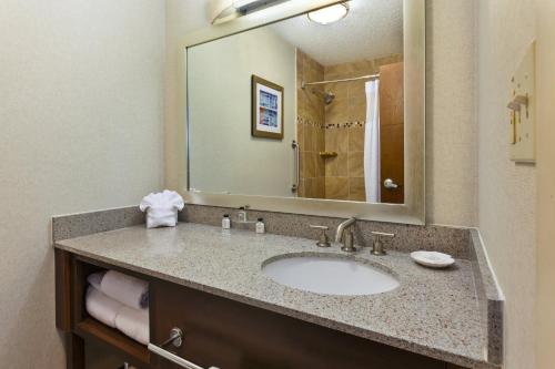 a bathroom with a sink and a large mirror at Crowne Plaza Columbus North - Worthington, an IHG Hotel in Columbus