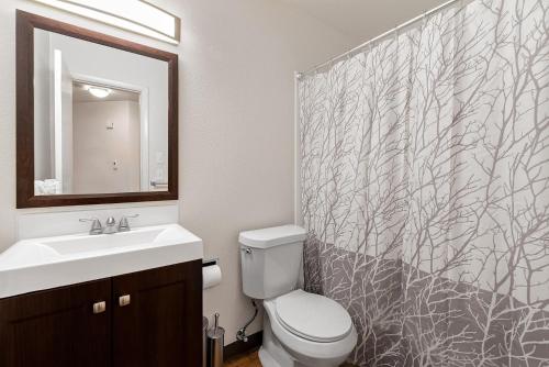 Un baño con inodoro, lavabo y espejo. en Urban Oasis Near Old Town & PVH - Dog Friendly!, en Fort Collins