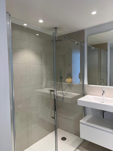 New apartment in Higueron West في فوينخيرولا: حمام مع دش زجاجي ومغسلة