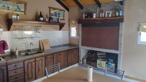 a kitchen with wooden cabinets and a sink at Lo de Lucas in Olavarría