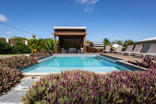 a swimming pool in a yard with purple flowers at Aigue-marine in Sainte-Anne