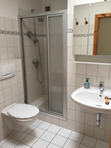 a bathroom with a shower and a toilet and a sink at Fischerstuuv in Husum