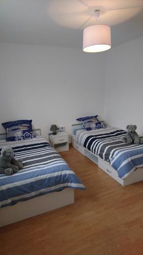 2 ours en peluche assis sur 2 lits dans une chambre dans l'établissement Plaisir en baie, à Saint-Blimont