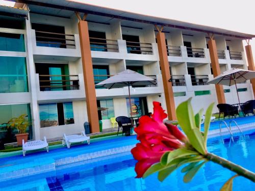 a hotel swimming pool with a flower in the foreground at Pousada Dotô Sonhadô Beach in Ponta de Pedras