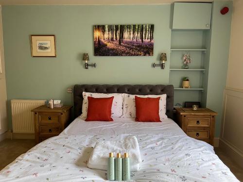 a bedroom with a large bed with red pillows at Studio Flat Central Cheltenham Parking off road in Cheltenham
