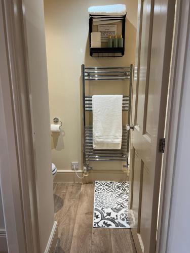 a bathroom with a towel rack and a rug at Studio Flat Central Cheltenham Parking off road in Cheltenham