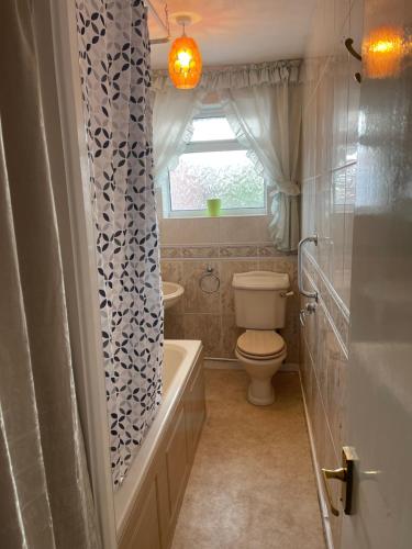 baño con aseo, bañera y ventana en Spacious 9 bed house in Mansfield Nottinghamshire en Mansfield