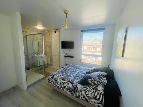 sypialnia z łóżkiem i przeszklonym prysznicem w obiekcie Appartement Charmant Cocon Plus w mieście Croix