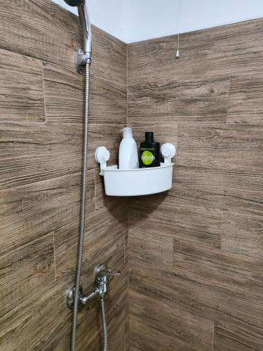 a bathroom with a shower with a soap dispenser on the wall at iVAVev Is Us byTheSea Constanta in Constanţa
