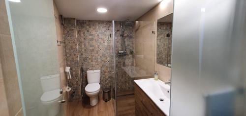 uma casa de banho com um WC, um lavatório e um chuveiro em Isabel Guest House em Almada