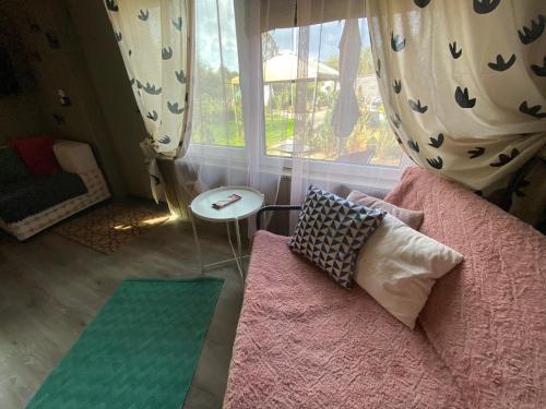 a living room with a pink couch and a window at Amazing little house on an island with garden in Rīga