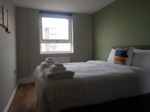 倫敦的住宿－Beautiful 3-bedroom flat with stunning views，一间卧室配有带毛巾的床