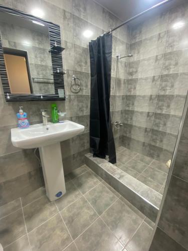 y baño con lavabo y ducha. en 2 Cosy Apartment in townhouse near Airport EVN, en Geghanist