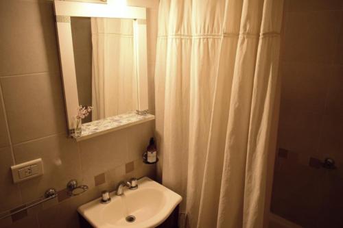 a bathroom with a sink and a shower curtain at El Luminoso 11 in La Plata