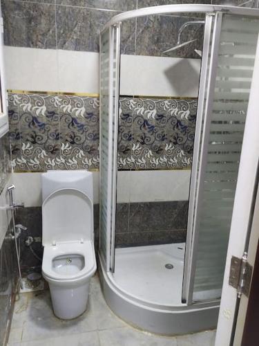 ein kleines Bad mit einem WC und einer Dusche in der Unterkunft Stunning river view from a spacious 3-Bedroom Apt. in Kairo