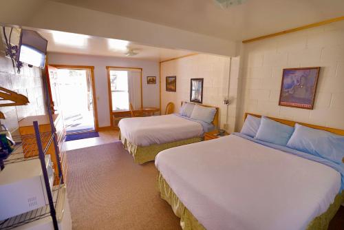 a hotel room with two beds and a television at Canyon View 2 Queens in Silverton