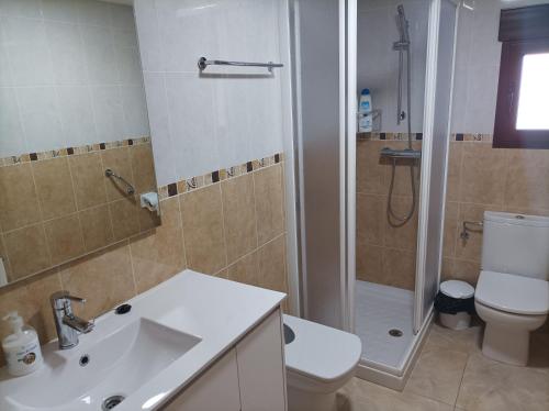 ein Bad mit einem WC, einem Waschbecken und einer Dusche in der Unterkunft Casa Dinorural in El Castellar