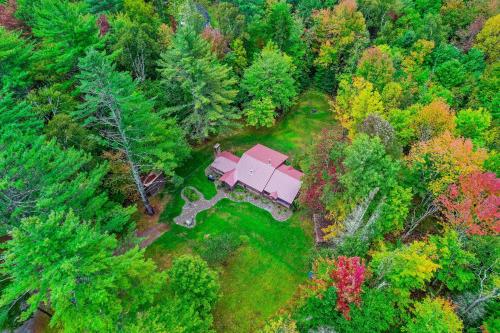 an aerial view of a house in the forest at Minerva's Log Cabin Gem in Minerva