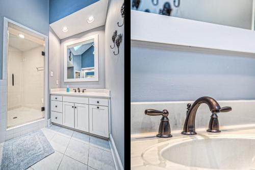 two pictures of a bathroom with a sink and a mirror at Our Point of View in Huddleston