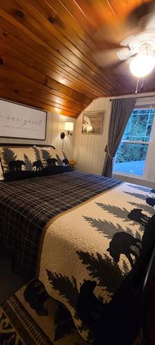 een slaapkamer met een bed met een dekbed erop bij Riverside Retreat in Hendersonville