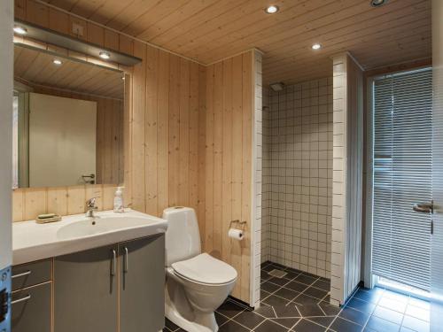 a bathroom with a toilet and a sink and a mirror at Holiday home Vejby XXX in Vejby