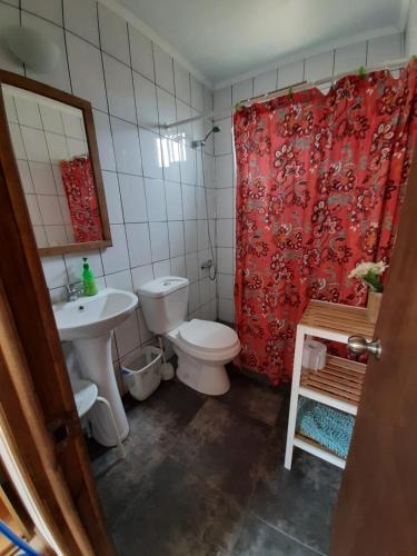 a bathroom with a toilet and a sink and a shower at Cabaña entre Nogales in Horcon