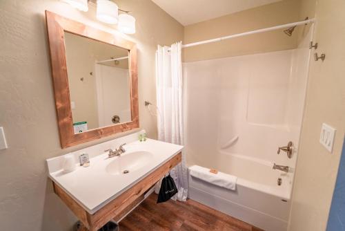 a bathroom with a sink and a shower and a mirror at Evergreen Motel in Libby