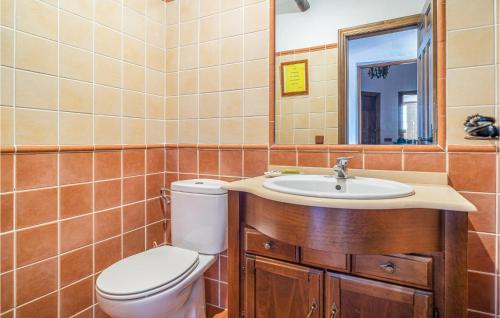 W łazience znajduje się toaleta, umywalka i lustro. w obiekcie Lovely Home In Jubrique With Wifi w mieście Jubrique