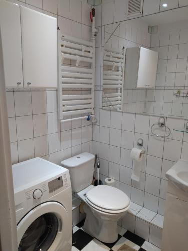 a bathroom with a toilet and a washing machine at Apartament z Widokiem na Śnieżkę in Jelenia Góra
