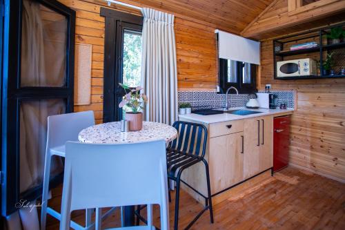 a kitchen with two tables and chairs in a cabin at ווילו בערבה in ‘En Yahav