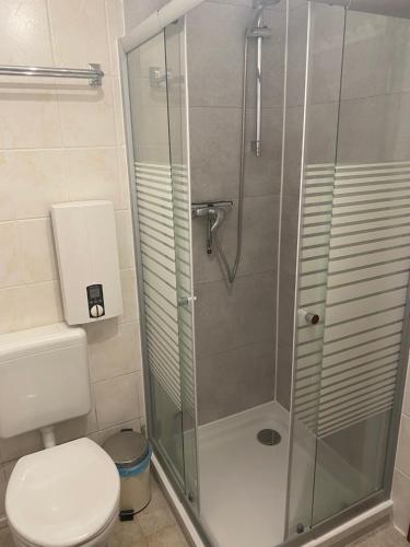 a bathroom with a glass shower with a toilet at Bungalow im Garten in Wiek in Wiek auf Rügen