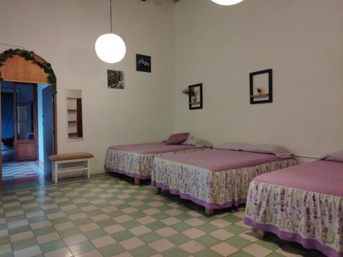 a room with three beds in a room at Lele Panchito y Lavanda Juntos en el Centro in Querétaro