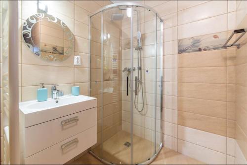 uma casa de banho com um chuveiro e um lavatório. em Chalet Belmont em Azuga