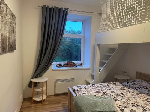 - une chambre avec des lits superposés et une fenêtre dans l'établissement Apartmán Studnice na Vysočině, à Nové Město na Moravě