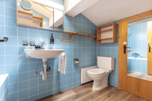 拉圖馬茲的住宿－Les Lupins Apartment | 17，蓝色的浴室设有水槽和卫生间