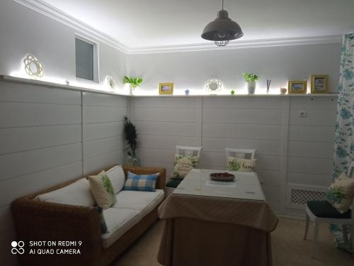 塞特尼的住宿－CASA ENROCADA，客厅配有沙发和桌子