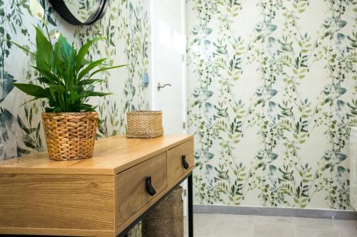 a bathroom with a plant on a wooden dresser at Elegante Apartamento LAUD1 - Nuevo/Familia/Wifi/TV in Valladolid