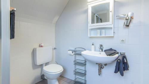 biała łazienka z toaletą i umywalką w obiekcie Haus Schönblick w mieście Kniebis